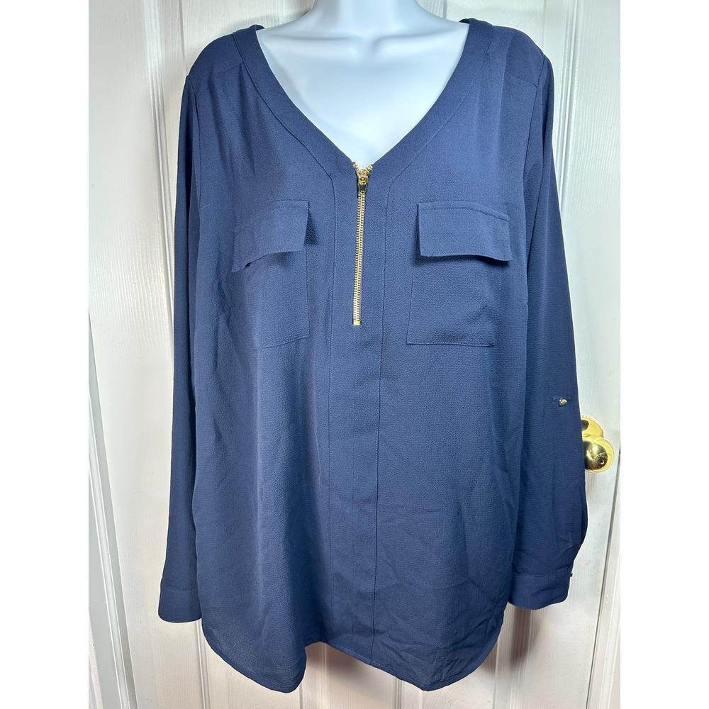 Roz & Ali Blouse Women's Navy Top Gold Zip Front Long Sleeve Career Casual 2X